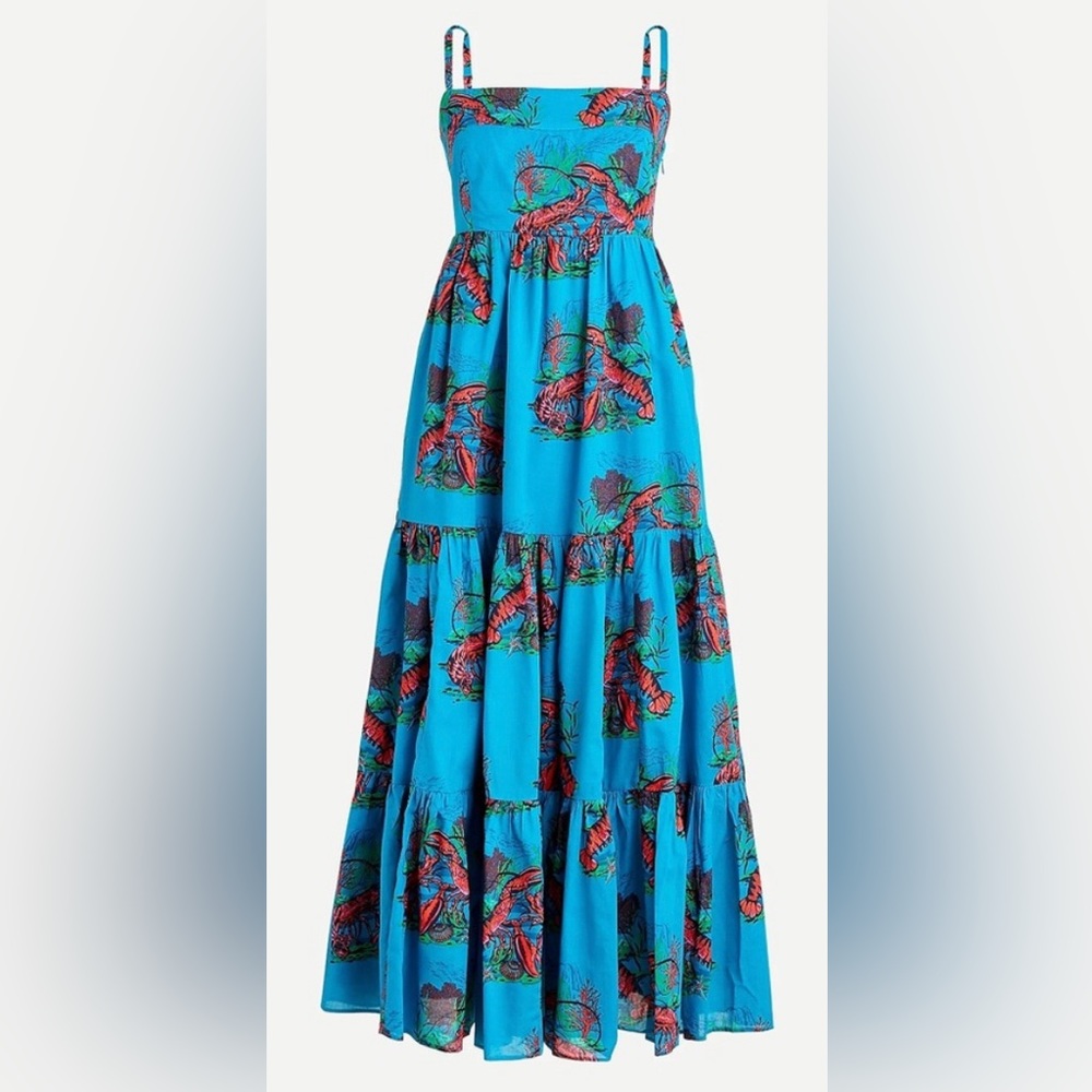 J. Crew Tiered Blue Lobster Print Maxi Sundress - Size 00 - EUC